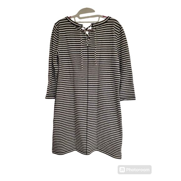 Women's T by Talbots Terry Knit Black/White Striped Dress Lace Up Back | Size M - Picture 2 of 7